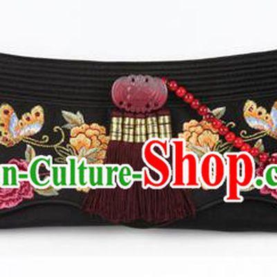 Traditional Korean Hair Accessories Bride Black Embroidered Hats, Asian Korean Fashion Imperial Empress Wedding Tassel Headwear for Women