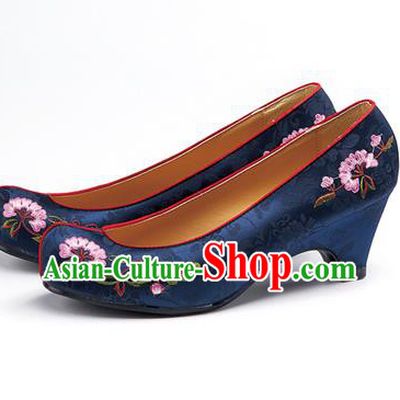 Traditional Korean National Navy Embroidered Shoes, Asian Korean Hanbok Bride High-heeled Shoes for Women