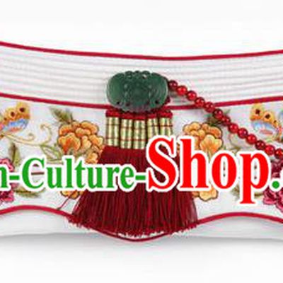 Traditional Korean Hair Accessories Bride White Embroidered Hats, Asian Korean Fashion Imperial Empress Wedding Red Tassel Headwear for Women