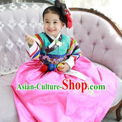 Traditional Korean National Handmade Court Embroidered Costume Green Blouse and Pink Dress, Asian Korean Hanbok Clothing for Kids