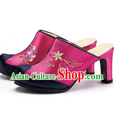 Traditional Korean National Wedding Rosy Embroidered Shoes, Asian Korean Hanbok Bride High-heeled Shoes for Women