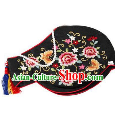 Traditional Korean Hair Accessories Embroidered Black Hats, Asian Korean Fashion Headwear Wedding Headband for Kids