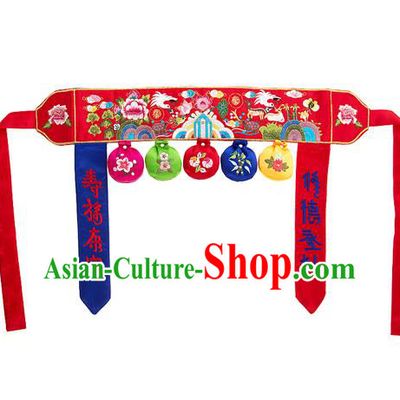 Traditional Korean Accessories Embroidered Red Belts, Asian Korean Fashion National Waistband for Kids