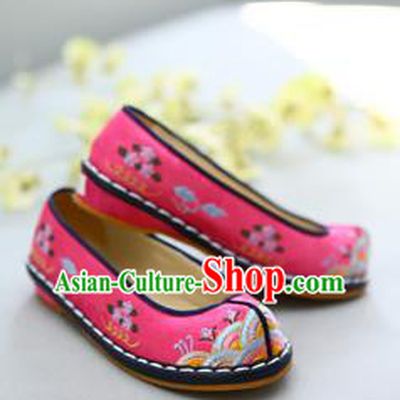 Traditional Korean National Wedding Pink Embroidered Shoes, Asian Korean Hanbok Bride Shoes for Kids