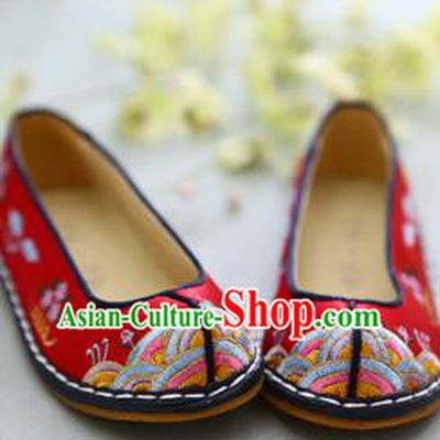 Traditional Korean National Wedding Red Embroidered Shoes, Asian Korean Hanbok Bride Shoes for Kids