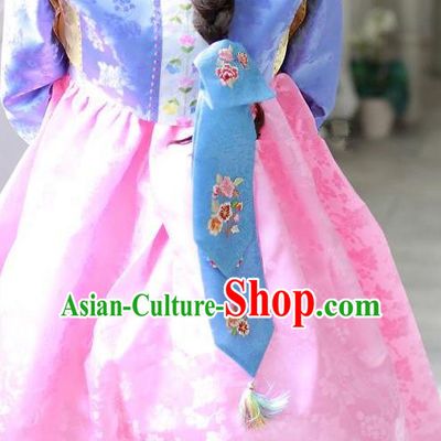 Traditional Korean Hair Accessories Embroidered Blue Hair Ribbon, Asian Korean Fashion Wedding Headband for Kids