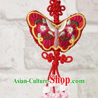 Traditional Korean Accessories Embroidered Butterfly Red Waist Pendant, Asian Korean Fashion Wedding Tassel Waist Decorations for Kids
