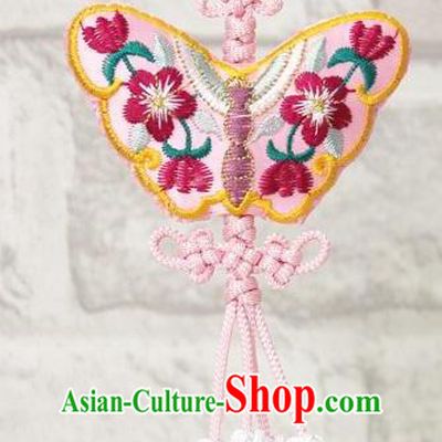Traditional Korean Accessories Embroidered Butterfly Pink Waist Pendant, Asian Korean Fashion Wedding Tassel Waist Decorations for Kids