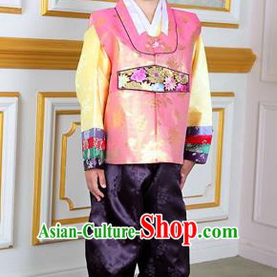 Traditional Korean National Handmade Court Embroidered Pink Costume, Asian Korean Boys Hanbok Clothing for Kids