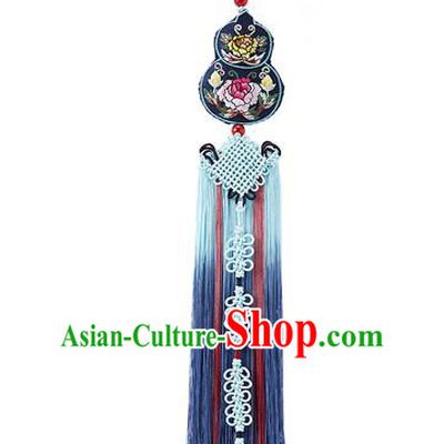 Traditional Korean Accessories Embroidered Cucurbit Waist Pendant, Asian Korean Fashion Wedding Blue Tassel Waist Decorations for Women