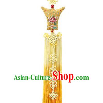 Traditional Korean Accessories Embroidered Waist Pendant, Asian Korean Fashion Wedding Yellow Tassel Waist Decorations for Women