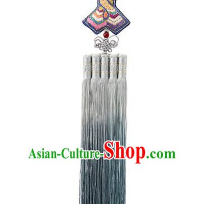 Traditional Korean Accessories Embroidered Waist Pendant, Asian Korean Fashion Wedding Embroidery Blue Tassel Waist Decorations for Women