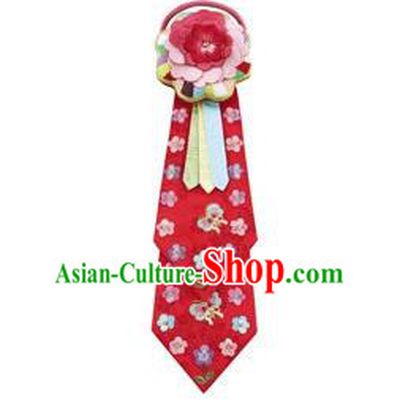 Traditional Korean Hair Accessories Bride Red Embroidered Hair Ribbons, Asian Korean Fashion Wedding Headband Headwear for Kids