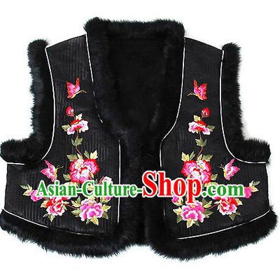 Traditional Korean National Handmade Court Embroidered Peony Black Vest, Asian Korean Bride Waistcoat Costume for Kids