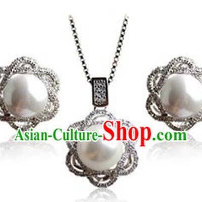 Traditional Korean Accessories Crystal Pearl Necklace and Earrings, Asian Korean Fashion Wedding Jewelry for Women