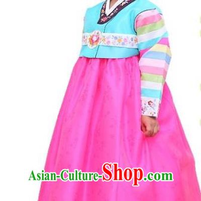 Traditional Korean National Girls Handmade Court Embroidered Clothing, Asian Korean Apparel Hanbok Embroidery Blue Blouse Costume for Kids