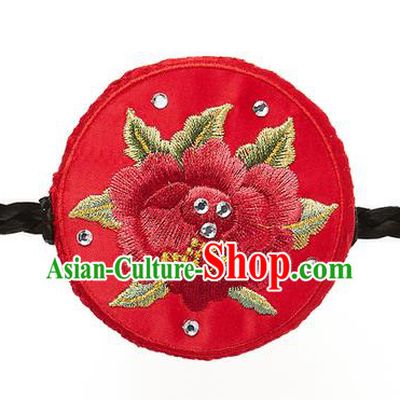 Traditional Korean Hair Accessories Embroidered Red Round Hair Clasp, Asian Korean Fashion Wedding Headband for Kids