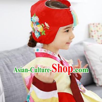 Traditional Korean Hair Accessories Embroidered Hat, Asian Korean Fashion Baby Princess Red Hats for Kids