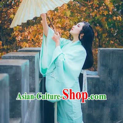 Asian China Han Dynasty Palace Lady Costume Blue Curve Bottom, Traditional Ancient Chinese Imperial Princess Hanfu Embroidered Clothing for Women