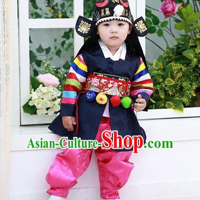Traditional Korean National Handmade Court Embroidered Prince Costume, Asian Korean Boys Black Hanbok Clothing for Kids