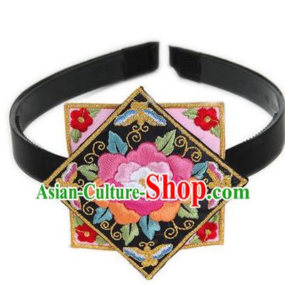 Traditional Korean Hair Accessories Square Embroidered Flowers Hair Clasp, Asian Korean Fashion Headwear Headband for Kids