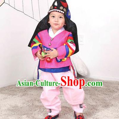Traditional Korean Handmade Hanbok Embroidered Pink Costume, Asian Korean Apparel Hanbok Embroidery Clothing for Boys