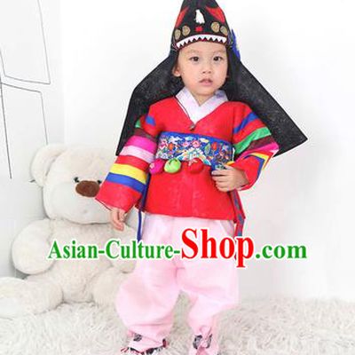 Traditional Korean Handmade Hanbok Embroidered Red Costume, Asian Korean Apparel Hanbok Embroidery Clothing for Boys