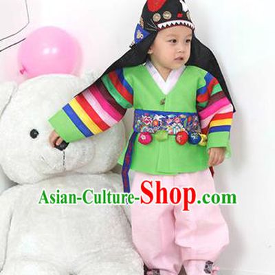 Traditional Korean Handmade Hanbok Embroidered Green Costume, Asian Korean Apparel Hanbok Embroidery Clothing for Boys