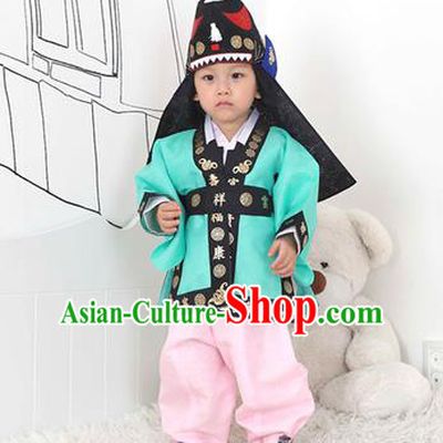 Traditional Korean Handmade Hanbok Embroidered Blue Costume and Hats, Asian Korean Apparel Hanbok Embroidery Clothing for Boys