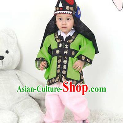 Traditional Korean Handmade Hanbok Embroidered Green Costume and Hats, Asian Korean Apparel Hanbok Embroidery Clothing for Boys