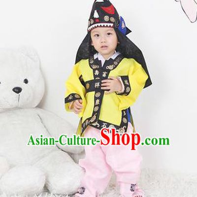 Traditional Korean Handmade Hanbok Embroidered Yellow Costume and Hats, Asian Korean Apparel Hanbok Embroidery Clothing for Boys