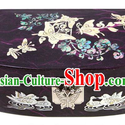 Traditional Korean Craft Handmade Printing Crane Purple Shell Cosmetic Container, Asian Korean Wedding Jewellery Box for Women
