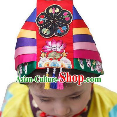 Traditional Korean Hair Accessories Bride Red Embroidered Hats, Asian Korean Fashion Wedding Headwear for Kids