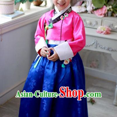 Traditional Korean Handmade Hanbok Embroidered Costume Pink Blouse and Blue Dress, Asian Korean Apparel Hanbok Clothing for Girls