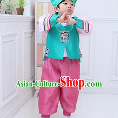 Traditional Korean Handmade Hanbok Embroidered Blue Formal Occasions Costume, Asian Korean Apparel Hanbok Clothing for Boys