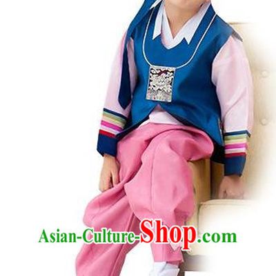 Traditional Korean Handmade Hanbok Embroidered Deep Blue Formal Occasions Costume, Asian Korean Apparel Hanbok Clothing for Boys