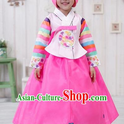 Traditional Korean Handmade Formal Occasions Embroidered Girls Costume, Asian Korean Apparel Bride Hanbok Pink Dress Clothing for Kids
