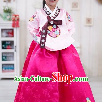 Traditional Korean Handmade Formal Occasions Embroidered Girls Wedding Costume, Asian Korean Apparel Palace Hanbok Rosy Dress Clothing for Kids