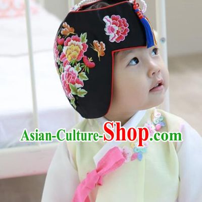 Traditional Korean Hair Accessories Embroidered Flowers Black Hats, Asian Korean Fashion Children Wedding Headwear for Girls