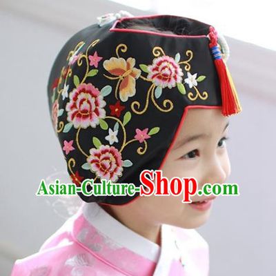 Traditional Korean Hair Accessories Bride Black Embroidered Hats, Asian Korean Fashion Wedding Tassel Headwear for Kids