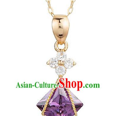 Traditional Korean Accessories Purple Crystal Necklace, Asian Korean Fashion Wedding Tassel 14K Gold Necklet Decorations for Women