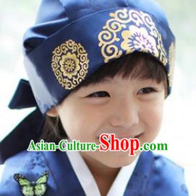Traditional Korean Hair Accessories Palace Prince Blue Hats, Asian Korean Fashion Children Wedding Headwear for Boys
