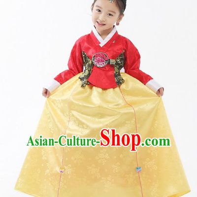 Traditional Korean Handmade Formal Occasions Embroidered Palace Princess Hanbok Yellow Dress Clothing for Girls