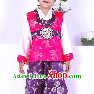 Traditional Korean Handmade Formal Occasions Pink Costume and Hats, Asian Korean Apparel Hanbok Clothing for Boys