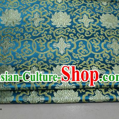 Chinese Traditional Royal Palace Golden Rich Flowers Pattern Lake Blue Brocade Cheongsam Fabric, Chinese Ancient Costume Satin Hanfu Tang Suit Material