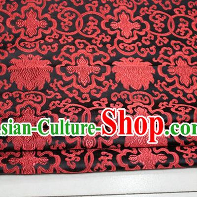 Chinese Traditional Royal Palace Red Rich Flowers Pattern Black Brocade Cheongsam Fabric, Chinese Ancient Costume Satin Hanfu Tang Suit Material