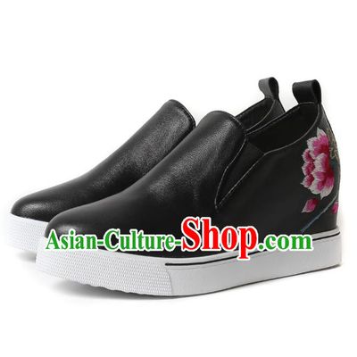 Asian Chinese Traditional Shoes Black Embroidered Boots, China Handmade Embroidery Peony Shoes for Women