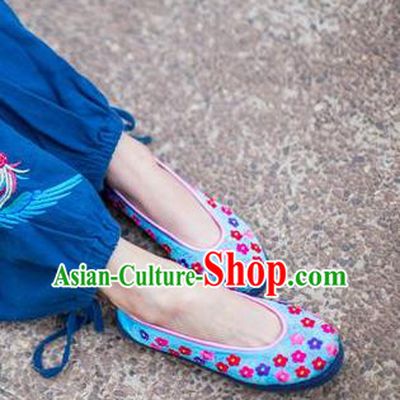Traditional Chinese Ancient Princess Shoes Blue Cloth Embroidered Shoes, China Handmade Embroidery Flowers Hanfu Shoes for Women
