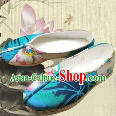 Traditional Chinese Ancient Princess Wedding Linen Shoes, China Handmade Printing Lotus Hanfu Shoes for Women