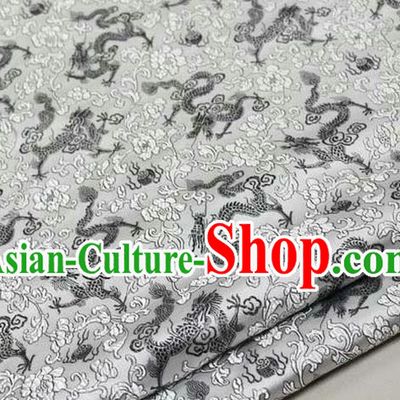 Chinese Traditional Royal Palace Black Dragons Pattern Tang Suit White Brocade Fabric, Chinese Ancient Costume Satin Hanfu Mongolian Robe Material